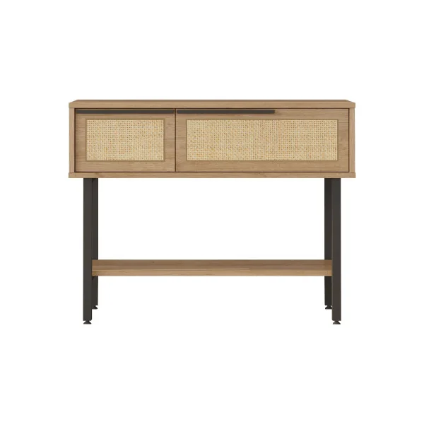 Console d'Entrée Chêne et Rotin Meuble Rangement Salon avec Pieds Métal