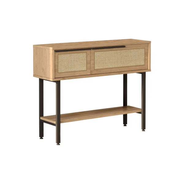Console d'Entrée Chêne et Rotin Meuble Rangement Salon avec Pieds Métal