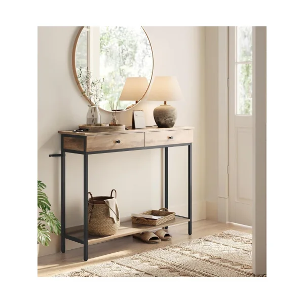 Console Industrielle Console 2 Tiroirs Métal et Bois Marron Camel Table d'Entrée