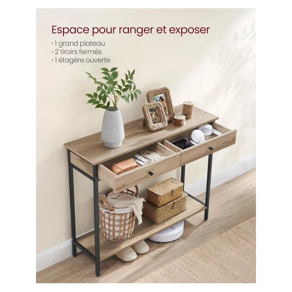 Console Industrielle Console 2 Tiroirs Métal et Bois Marron Camel Table d'Entrée