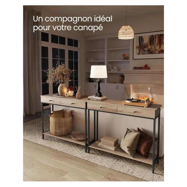 Console Industrielle Console 2 Tiroirs Métal et Bois Marron Camel Table d'Entrée