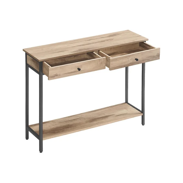 Console Industrielle Console 2 Tiroirs Métal et Bois Marron Camel Table d'Entrée