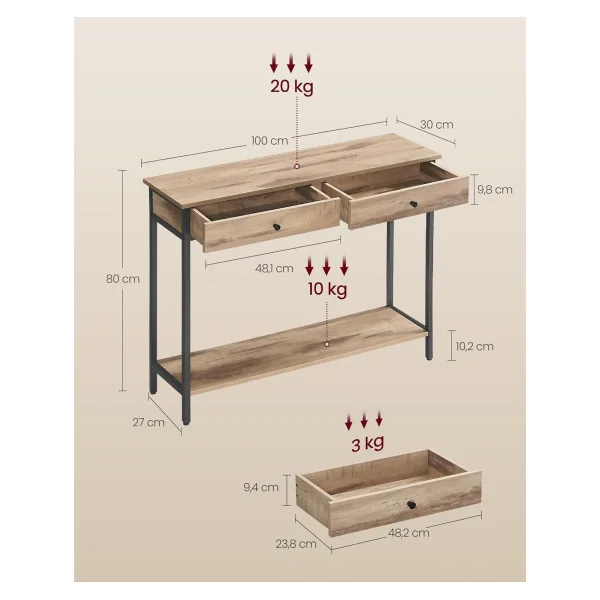 Console Industrielle Console 2 Tiroirs Métal et Bois Marron Camel Table d'Entrée