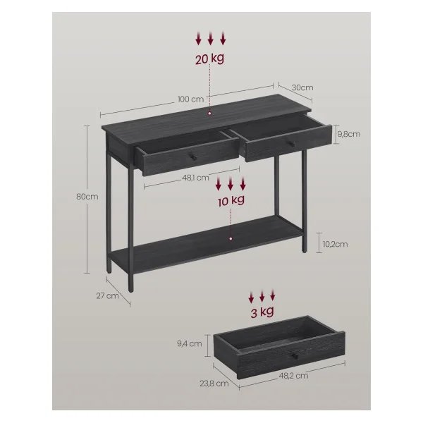Console Industrielle Console 2 Tiroirs Métal et Gris Anthracite Table d'Entrée