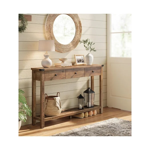 Console Marron 3 Tiroirs Table d'Entrée en Bois avec Etagère de Rangement