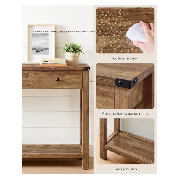 Console Marron 3 Tiroirs Table d'Entrée en Bois avec Etagère de Rangement