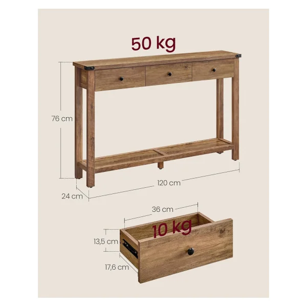 Console Marron 3 Tiroirs Table d'Entrée en Bois avec Etagère de Rangement