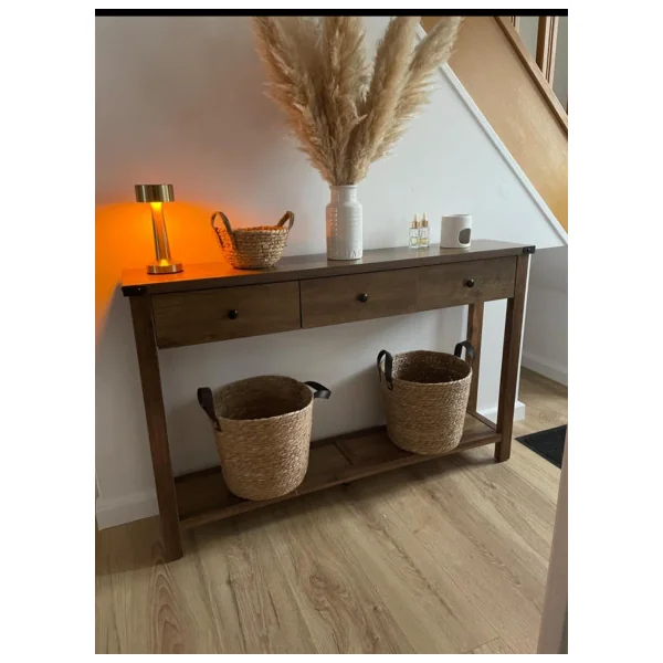 Console Marron 3 Tiroirs Table d'Entrée en Bois avec Etagère de Rangement
