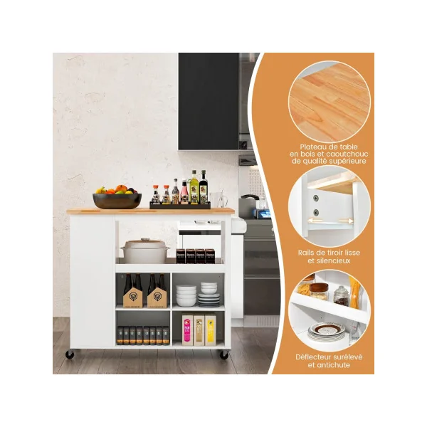Desserte Cuisine Blanc Bois Îlot Central de Cuisine Chariot de cuisine Servante de cuisine
