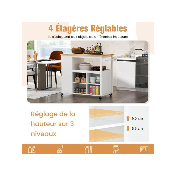 Desserte Cuisine Blanc Bois Îlot Central de Cuisine Chariot de cuisine Servante de cuisine