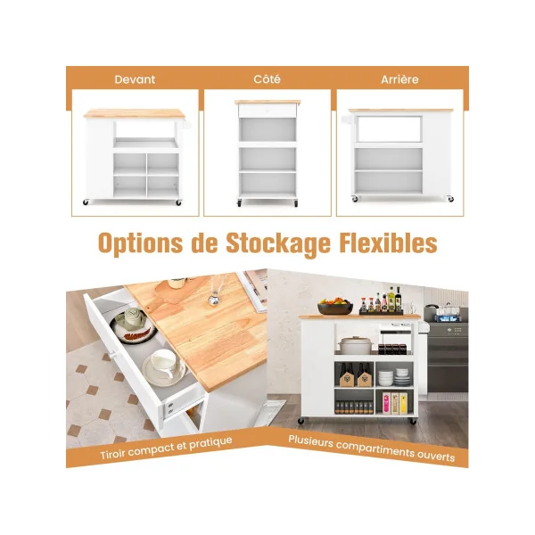 Desserte Cuisine Blanc Bois Îlot Central de Cuisine Chariot de cuisine Servante de cuisine