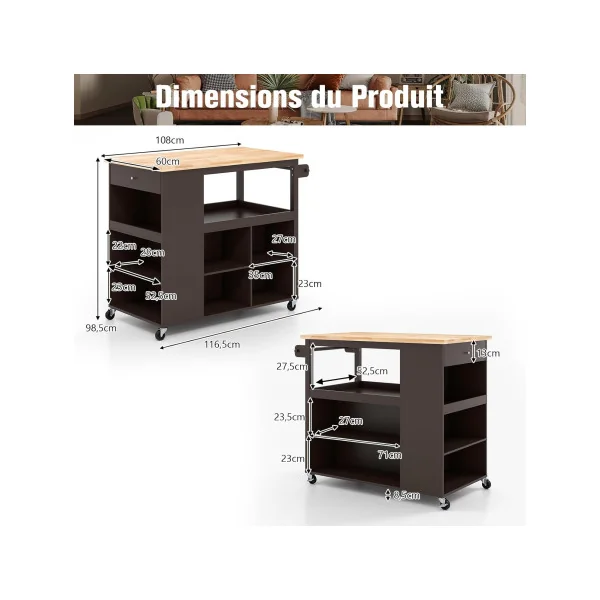 Desserte Cuisine Marron Bois Îlot Central de Cuisine Chariot de cuisine Servante de cuisine