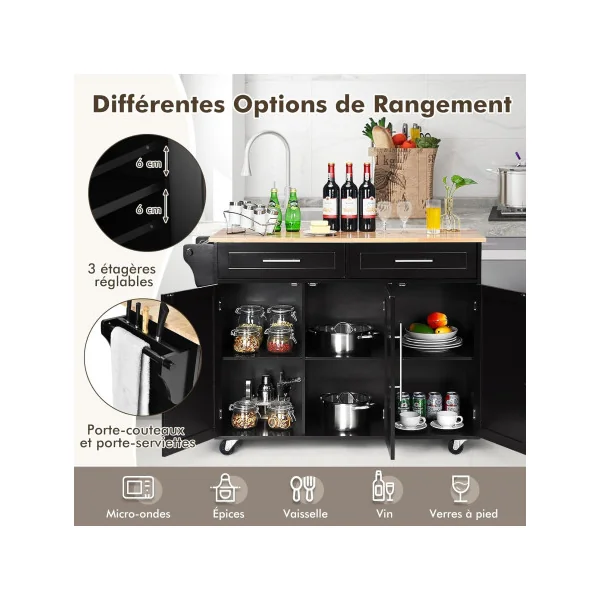 Desserte Cuisine Noir Bois Îlot Central de Cuisine Chariot de cuisine Servante de cuisine