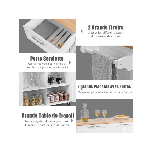 Desserte de Cuisine Blanche Îlot Central de Cuisine Chariot de cuisine Servante de cuisine Mobile