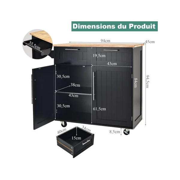 Desserte de Cuisine Noir Îlot Central de Cuisine Chariot de cuisine Servante de cuisine Mobile