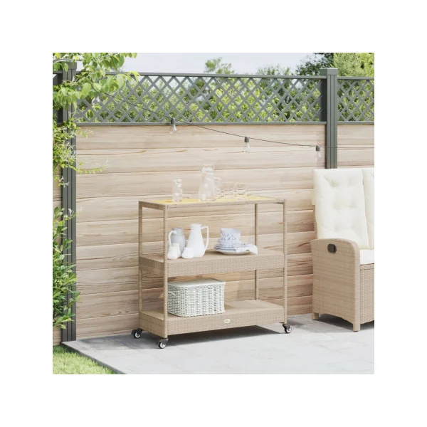 Desserte de Jardin en Acacia et Résine Tressée Beige 3 Niveaux Desserte Mobile Servante de jardin