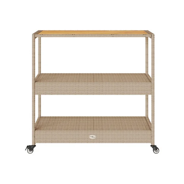 Desserte de Jardin en Acacia et Résine Tressée Beige 3 Niveaux Desserte Mobile Servante de jardin