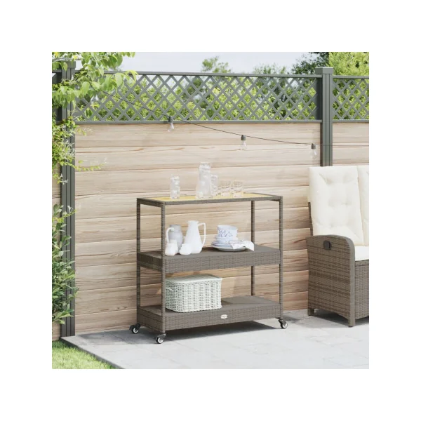 Desserte de Jardin en Acacia et Résine Tressée Grise 3 Niveaux Desserte Mobile Servante de jardin