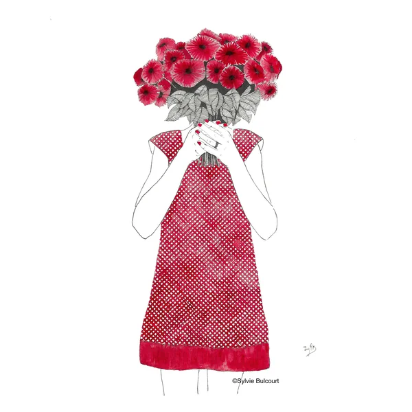 Dessin Jeune fille au bouquet écarlate – carte ou tableau