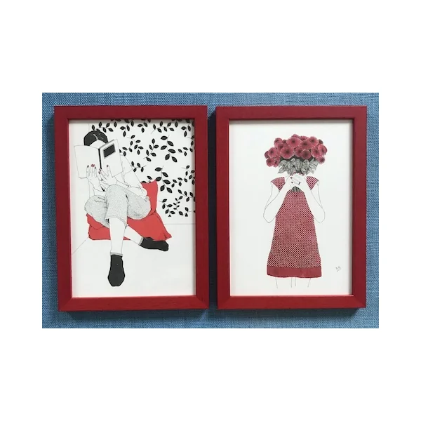 Dessin Jeune fille au bouquet écarlate – carte ou tableau
