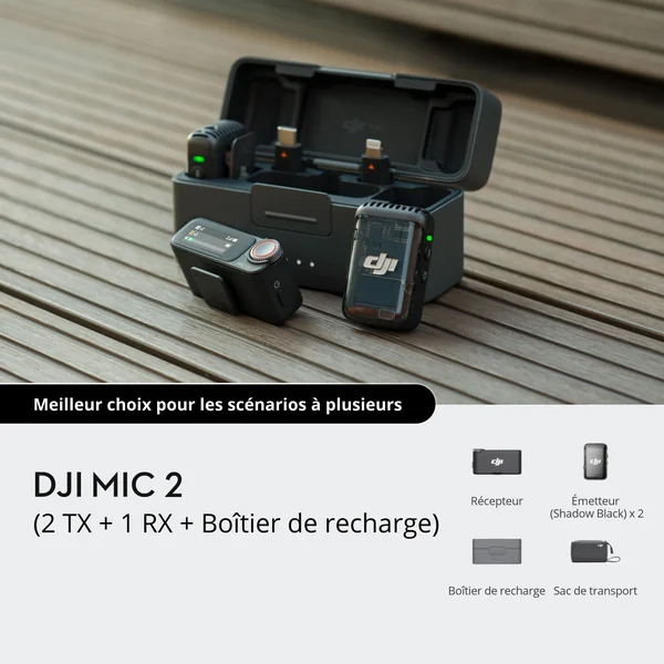 DJI Mic 2 (2 TX + 1 RX + Boîtier de Recharge) Microphone Sans Fil