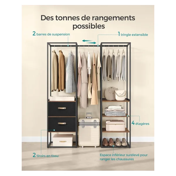 Dressing Industriel Marron Rustique 2 Tiroirs 4 Etagères Penderie Ouverte industrielle Penderie d'entrée Dressing Chambre