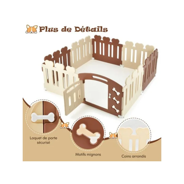 Enclos Chien 8 Panneaux Solide en Plastique 155x155x60 cm Robuste Parc Chien Intérieur ou Extérieur