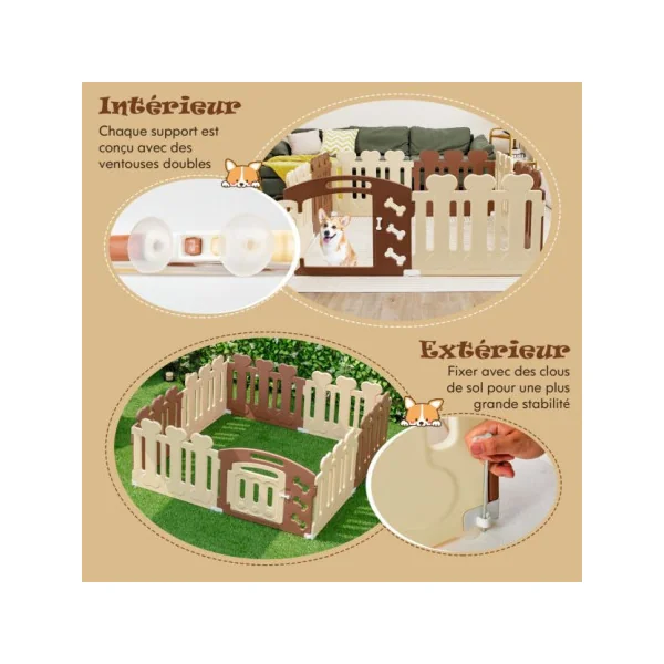 Enclos Chien 8 Panneaux Solide en Plastique 155x155x60 cm Robuste Parc Chien Intérieur ou Extérieur