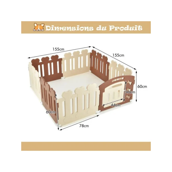 Enclos Chien 8 Panneaux Solide en Plastique 155x155x60 cm Robuste Parc Chien Intérieur ou Extérieur
