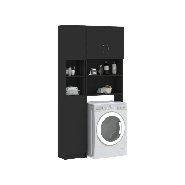 Ensemble Armoires Lave-Linge Noir Armoire Sèche Linge Rangement Salle de Bain Gain de Place