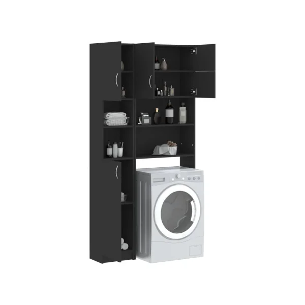 Ensemble Armoires Lave-Linge Noir Armoire Sèche Linge Rangement Salle de Bain Gain de Place