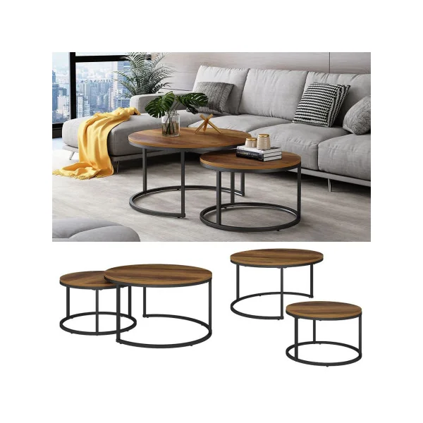 Ensemble de Tables Basses Noir et Bois Antique Table Basse Gigogne Industriel