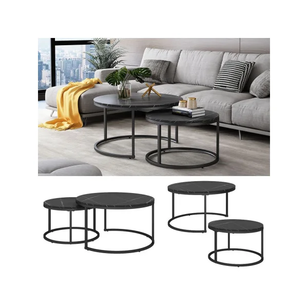 Ensemble de Tables Basses Noir Marbré Table Basse Gigogne Industriel