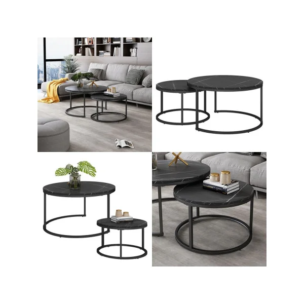 Ensemble de Tables Basses Noir Marbré Table Basse Gigogne Industriel