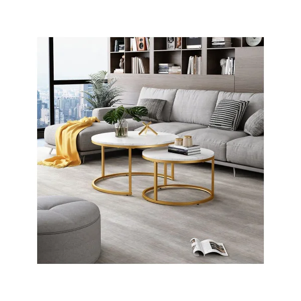 Ensemble de Tables Basses Or et Blanc Marbré Table Basse Gigogne Industriel