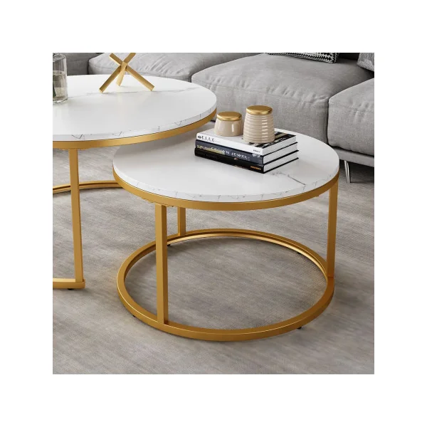 Ensemble de Tables Basses Or et Blanc Marbré Table Basse Gigogne Industriel