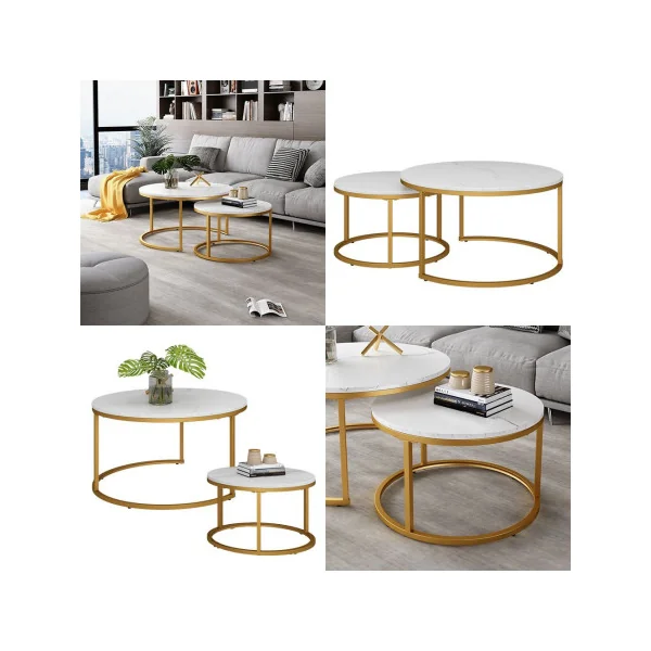 Ensemble de Tables Basses Or et Blanc Marbré Table Basse Gigogne Industriel