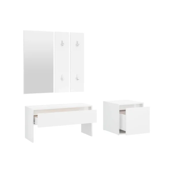 Ensemble Meuble d'Entrée Blanc Brillant Miroir + Porte Manteau + Banc + Petit Meuble Rangement