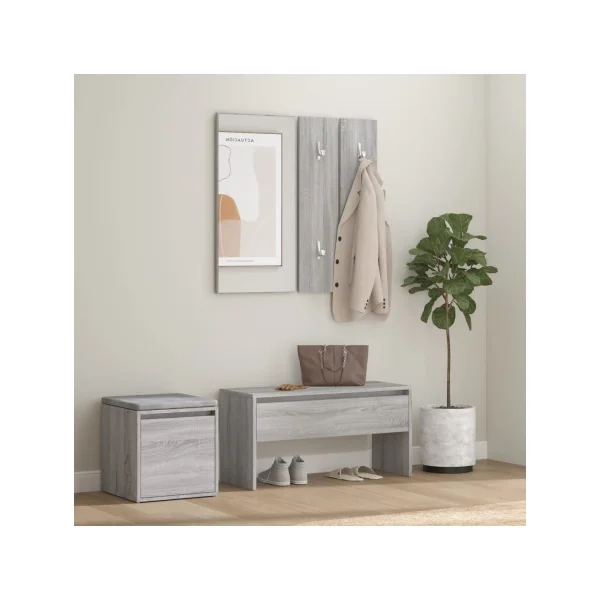 Ensemble Meuble d'Entrée Chêne Gris Miroir + Porte Manteau + Banc + Petit Meuble Rangement