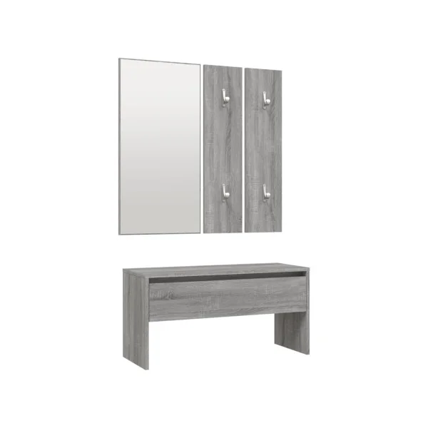 Ensemble Meuble d'Entrée Chêne Gris Miroir + Porte Manteau + Banc + Petit Meuble Rangement