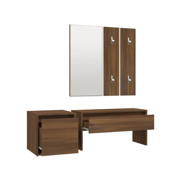 Ensemble Meuble d'Entrée Chêne Marron Miroir + Porte Manteau + Banc + Petit Meuble Rangement
