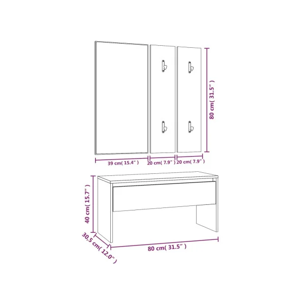 Ensemble Meuble d'Entrée Chêne Marron Miroir + Porte Manteau + Banc + Petit Meuble Rangement