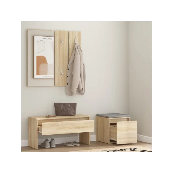 Ensemble Meuble d'Entrée Chêne Miroir + Porte Manteau + Banc + Petit Meuble Rangement