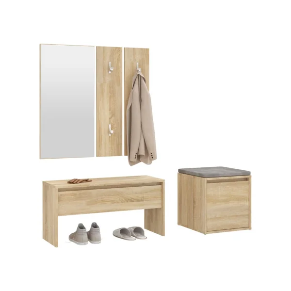 Ensemble Meuble d'Entrée Chêne Miroir + Porte Manteau + Banc + Petit Meuble Rangement