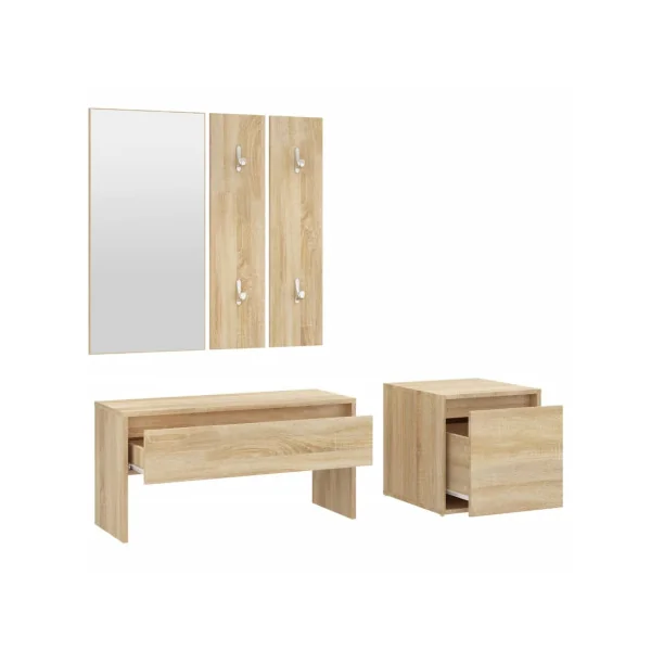Ensemble Meuble d'Entrée Chêne Miroir + Porte Manteau + Banc + Petit Meuble Rangement