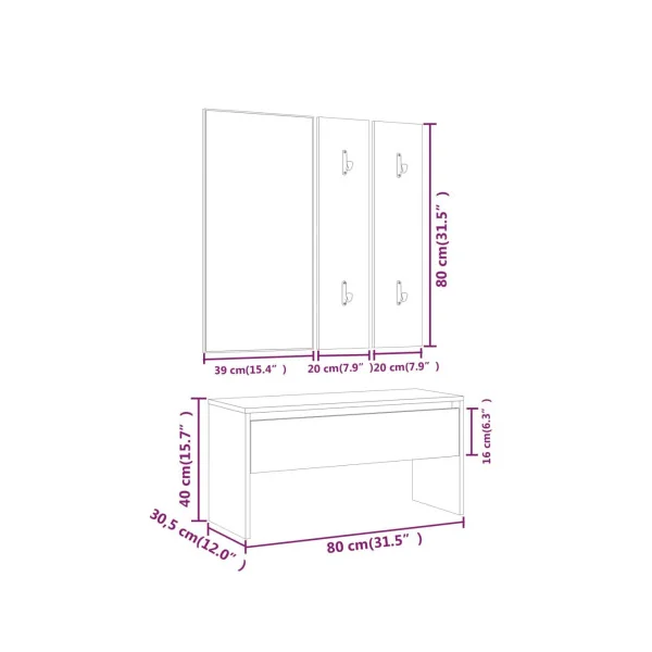 Ensemble Meuble d'Entrée Chêne Miroir + Porte Manteau + Banc + Petit Meuble Rangement