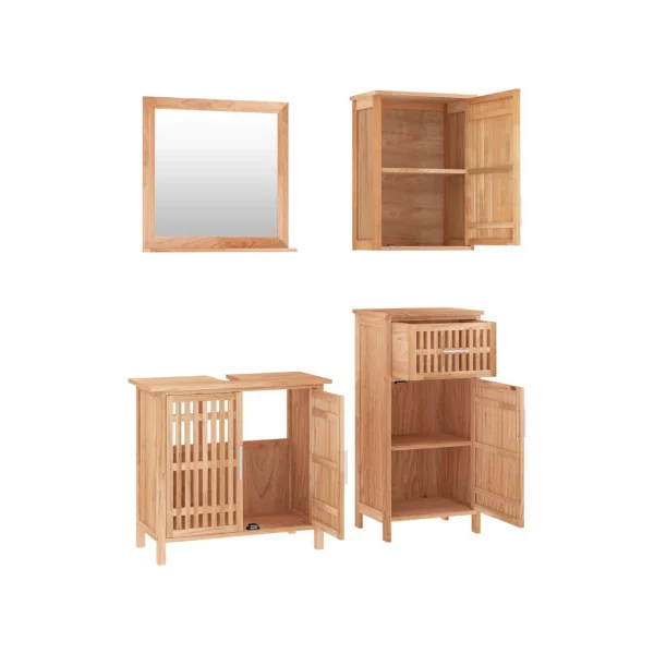 Ensemble Meuble Salle de Bain 4 pcs Bois Massif de Noyer Miroir Meuble Sous Vasque Armoire Murale et avec Pieds