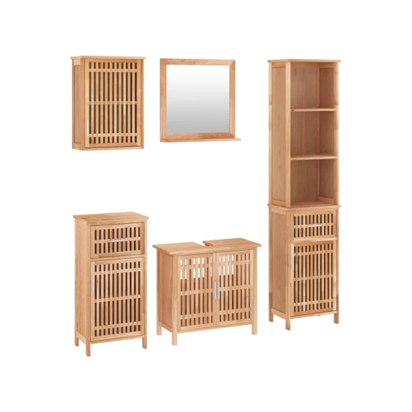 Ensemble Meuble Salle de Bain 5 pcs Bois Massif de Noyer Meuble Sous Vasque Colonnes Armoire Miroir