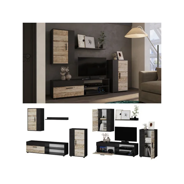 Ensemble Meuble TV Anthracite et Bois Flotté Meuble Télévision Moderne Meuble Télé avec Etagère Placard