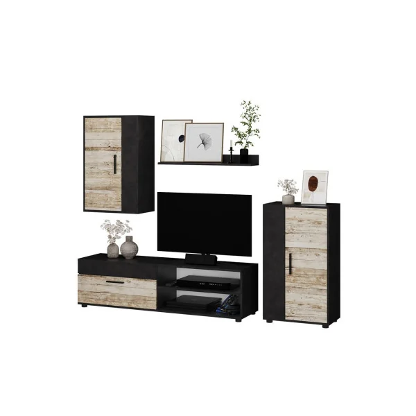 Ensemble Meuble TV Anthracite et Bois Flotté Meuble Télévision Moderne Meuble Télé avec Etagère Placard